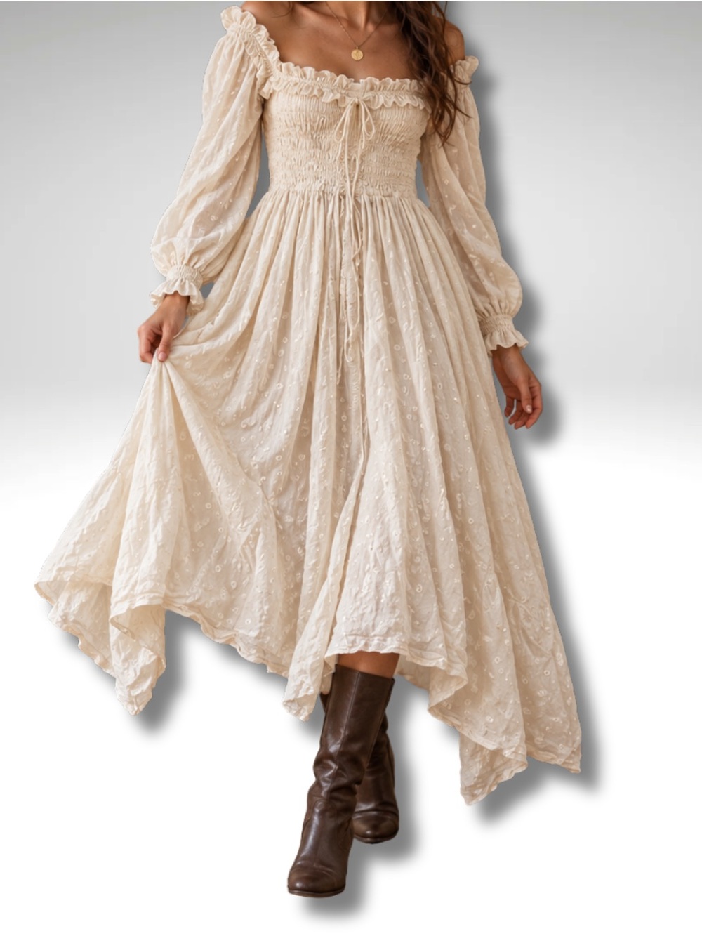 Shirred Broderie Smocked Bodice Boho Cotton Midi Dress in Cream